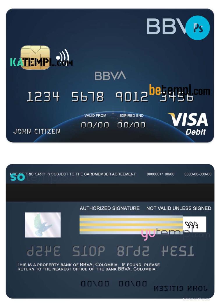 Colombia BBVA bank visa debit card template in PSD format, fully editable